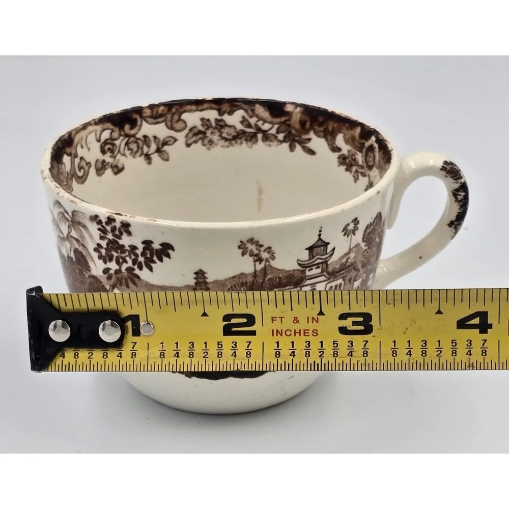 Antique Brown Transferware Tea Cup Chinoiserie Pagoda Landscape Scene White